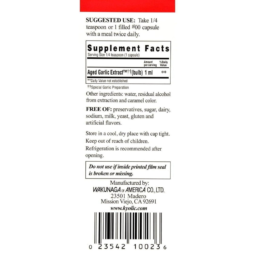Kyolic Aged Garlic Extract liquid bottle label highlighting organic, odorless formula.