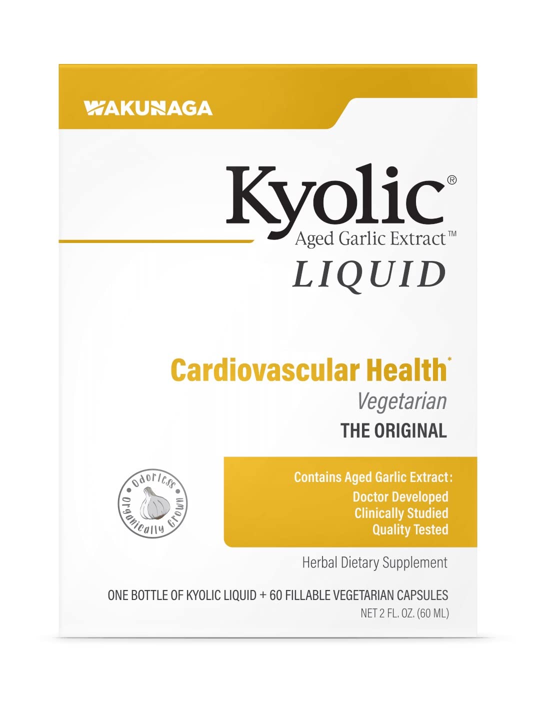 Kyolic Aged Garlic Extract Liquid bottle showing odorless formulation for cardiovascular support.