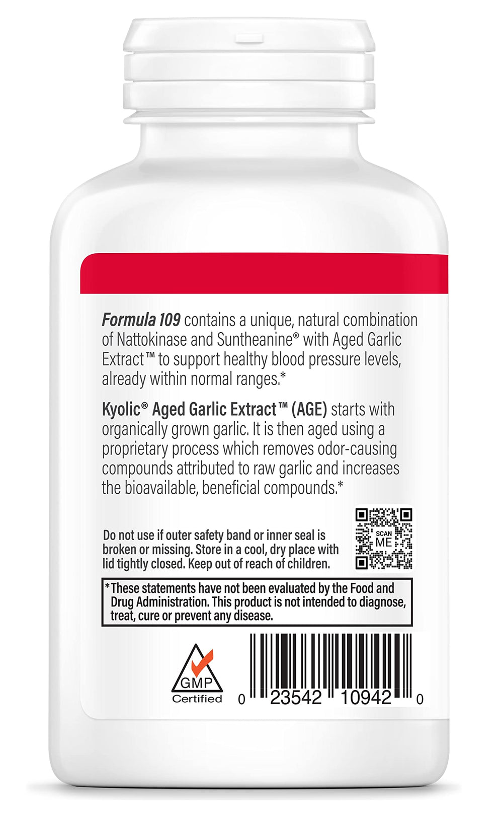 Kyolic Formula 109 bottle label close-up highlighting organic aged garlic.