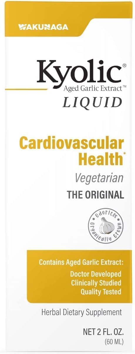 Kyolic Aged Garlic Liquid bottle pour for potential cardiovascular support.