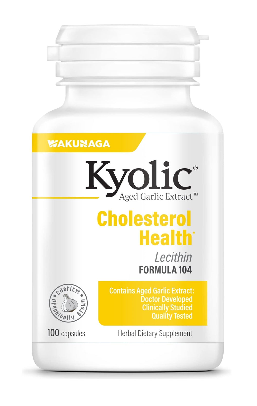Kyolic Aged Garlic Extract en botella, cápsulas y enfoque 104, apoyo al colesterol