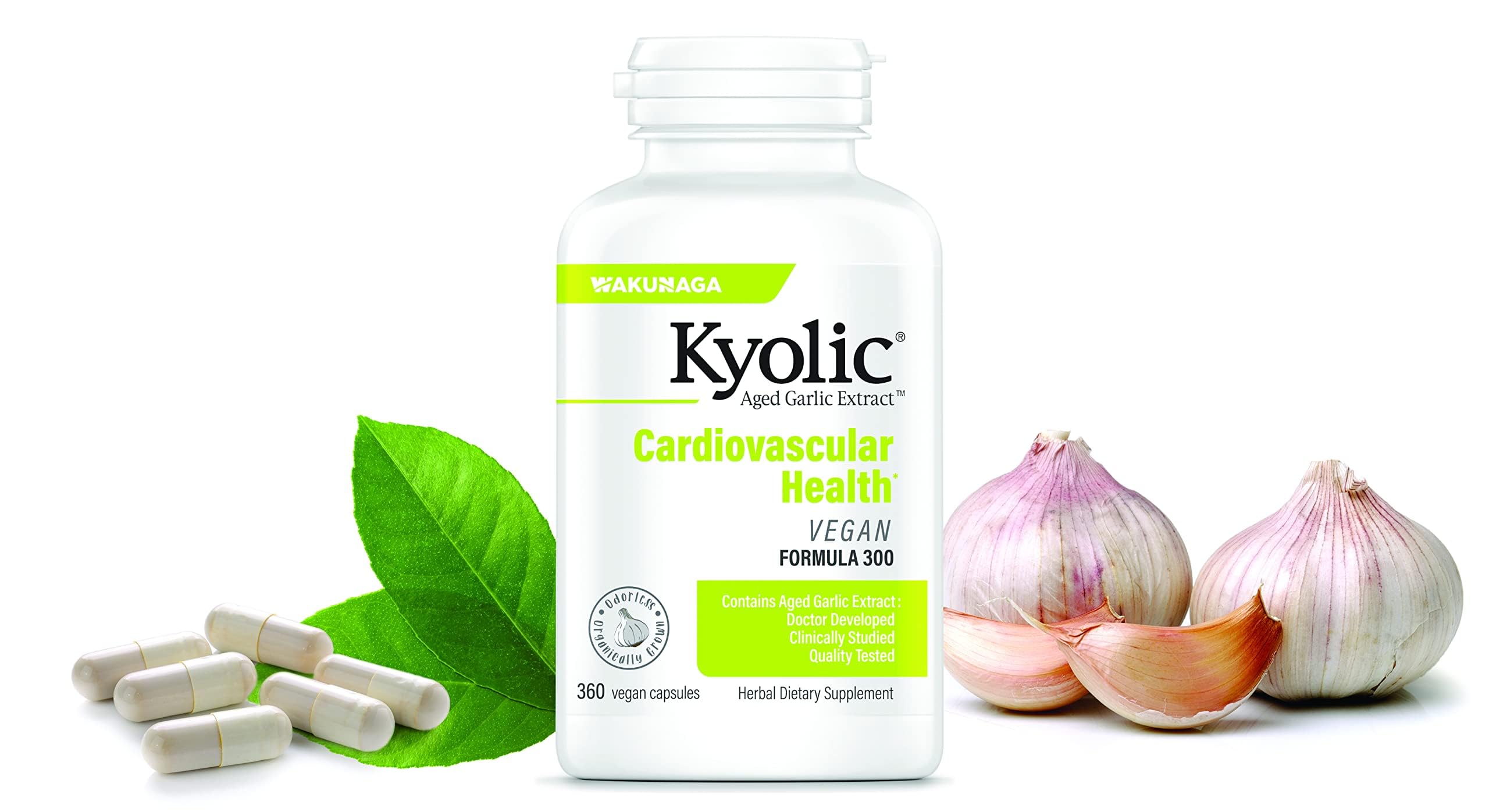 Kyolic bottle label 360 capsules showcasing long-lasting supply.