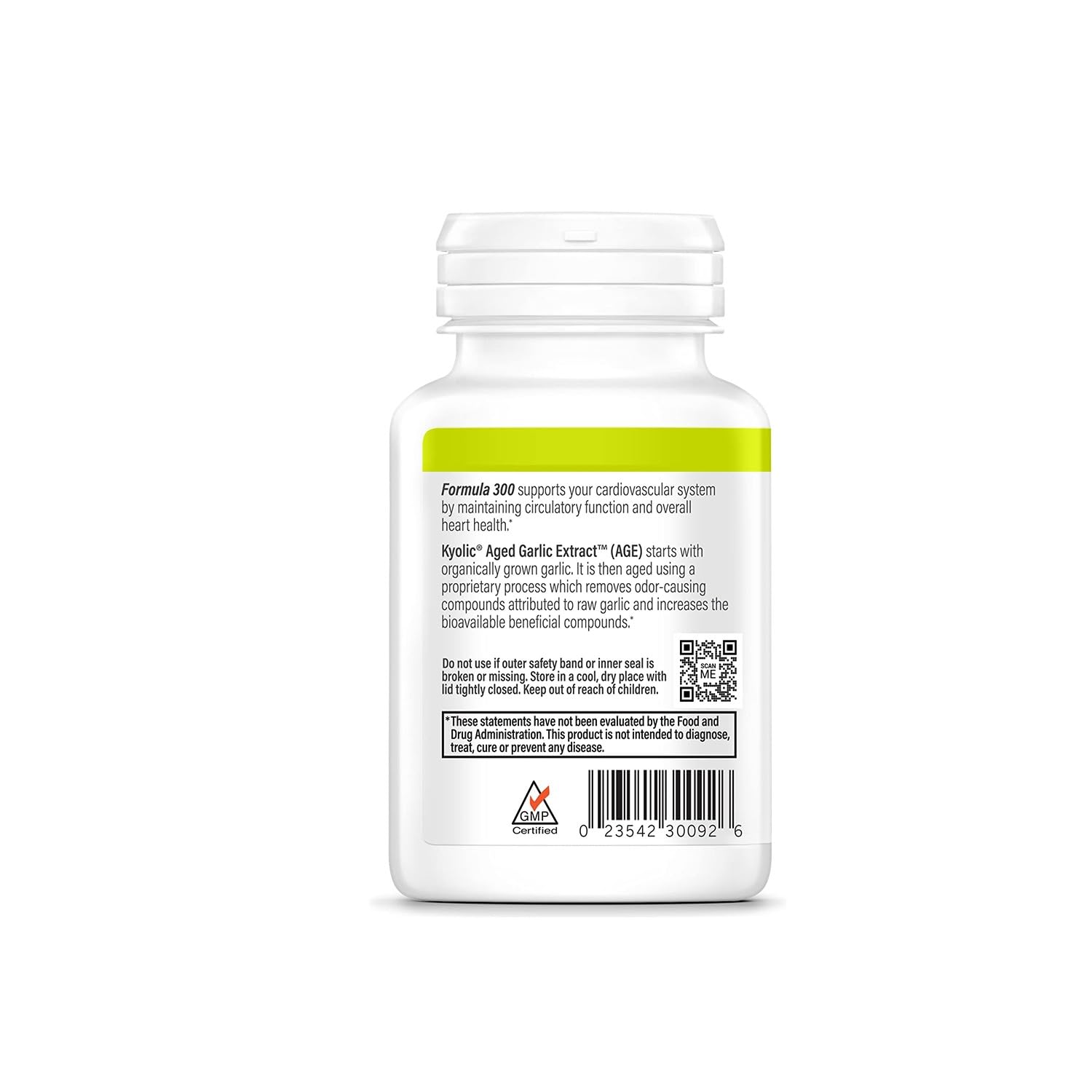 Close-up of Kyolic Formula 300 capsules, vegan and gentle on the stomach.