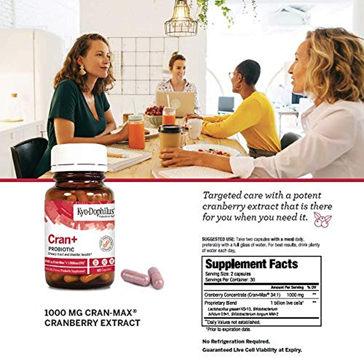 Kyolic Cran+ cranberry extract visual highlighting 1000 mg concentrate.