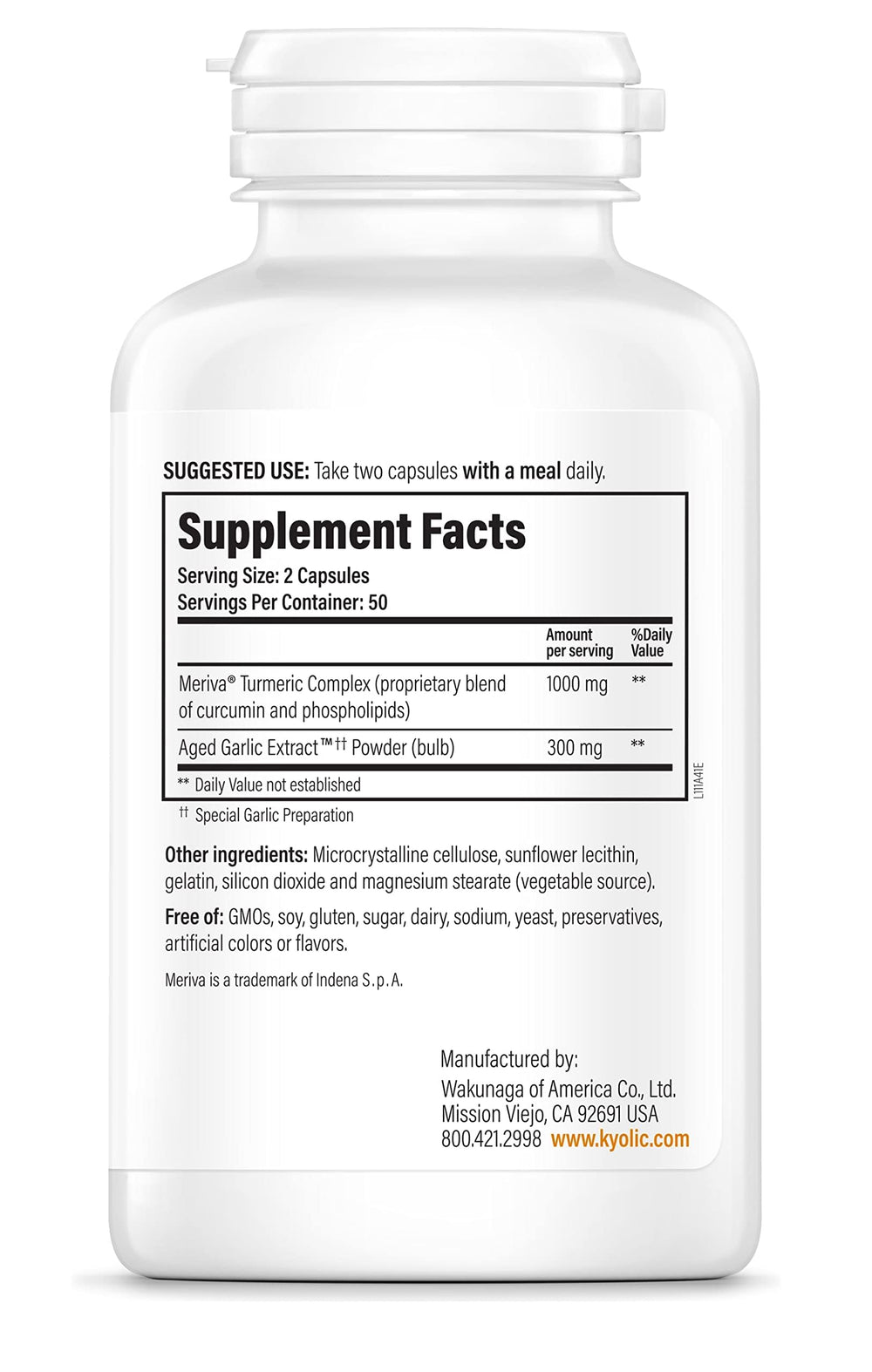 Kyolic Curcumin Meriva Turmeric bottle highlighting synergistic absorption and joint support.