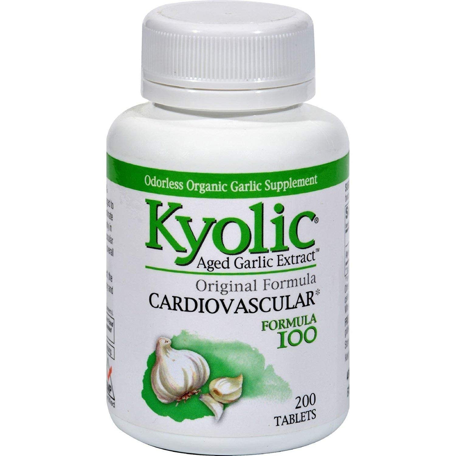 Kyolic Formula 100 original bottle with odor-reduced aged garlic for circulatory support.