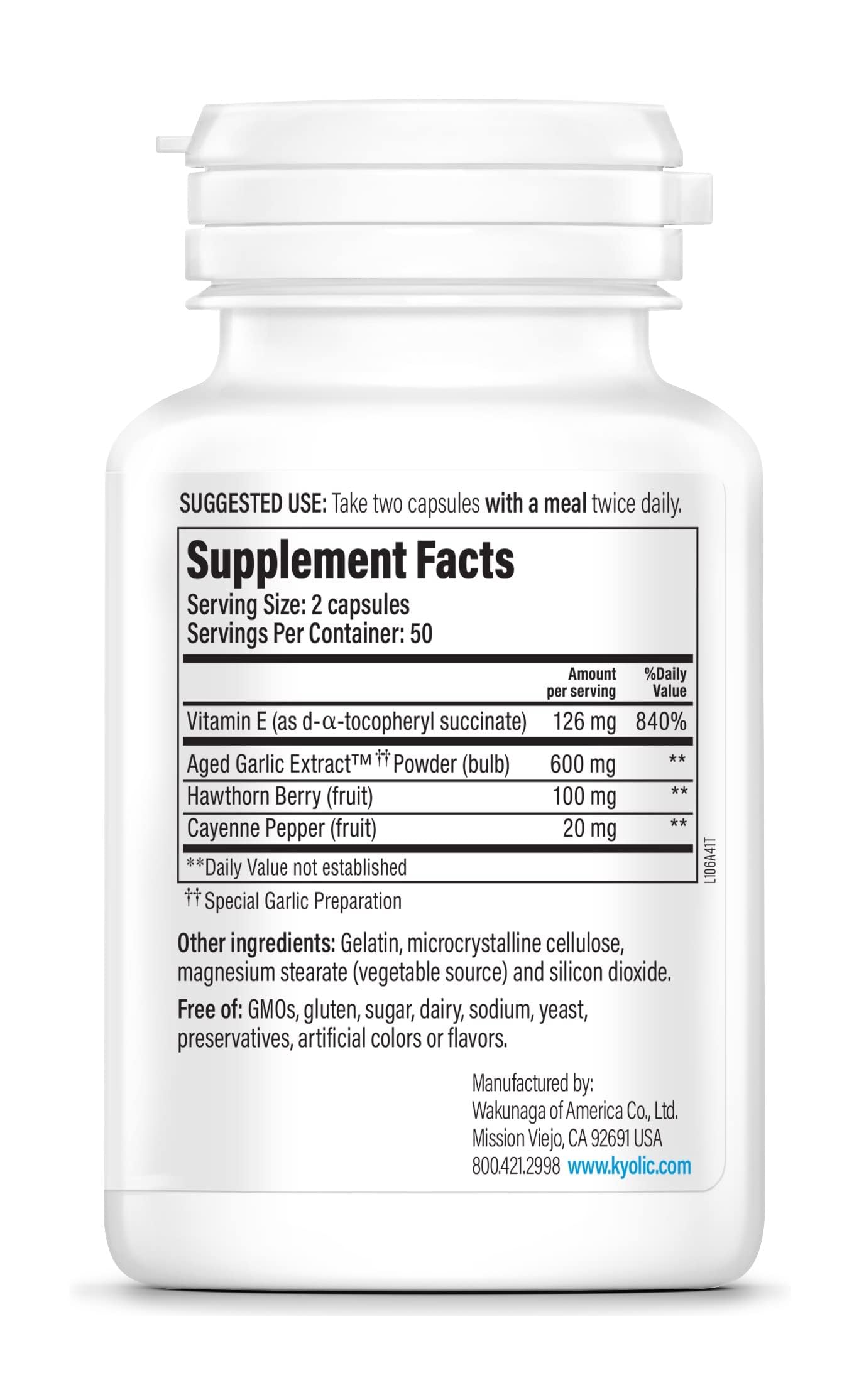 Kyolic Formula 106 ingredients blend with hawthorn and cayenne for heart wellness