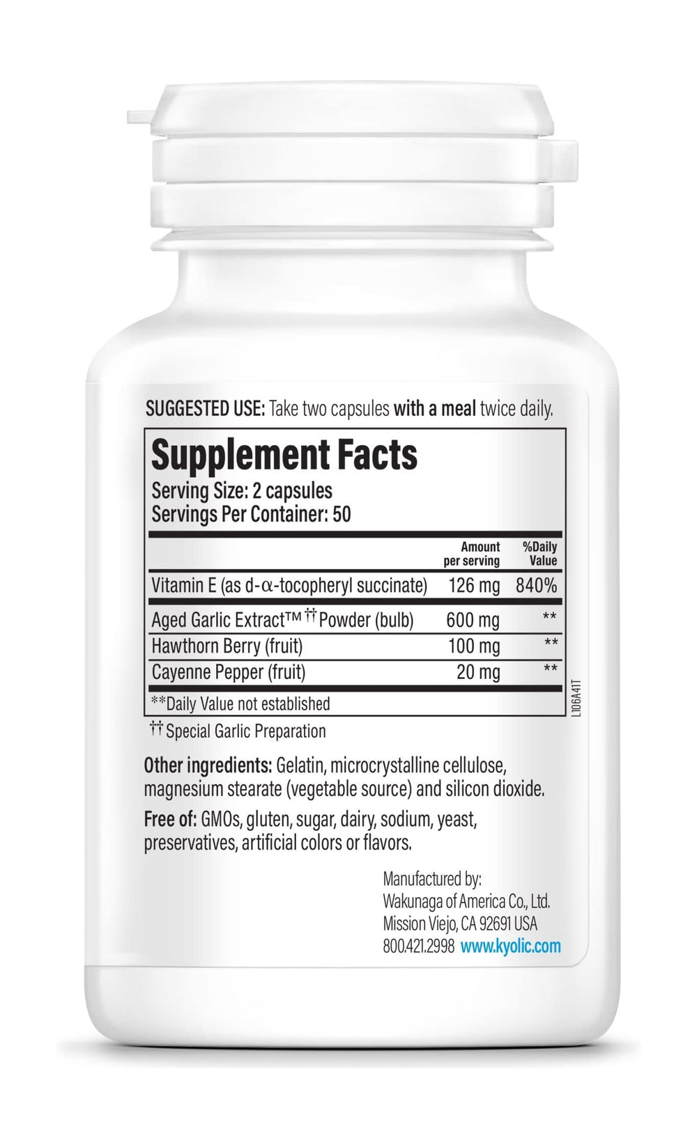 Kyolic Formula 106 ingredients blend with hawthorn and cayenne for heart wellness