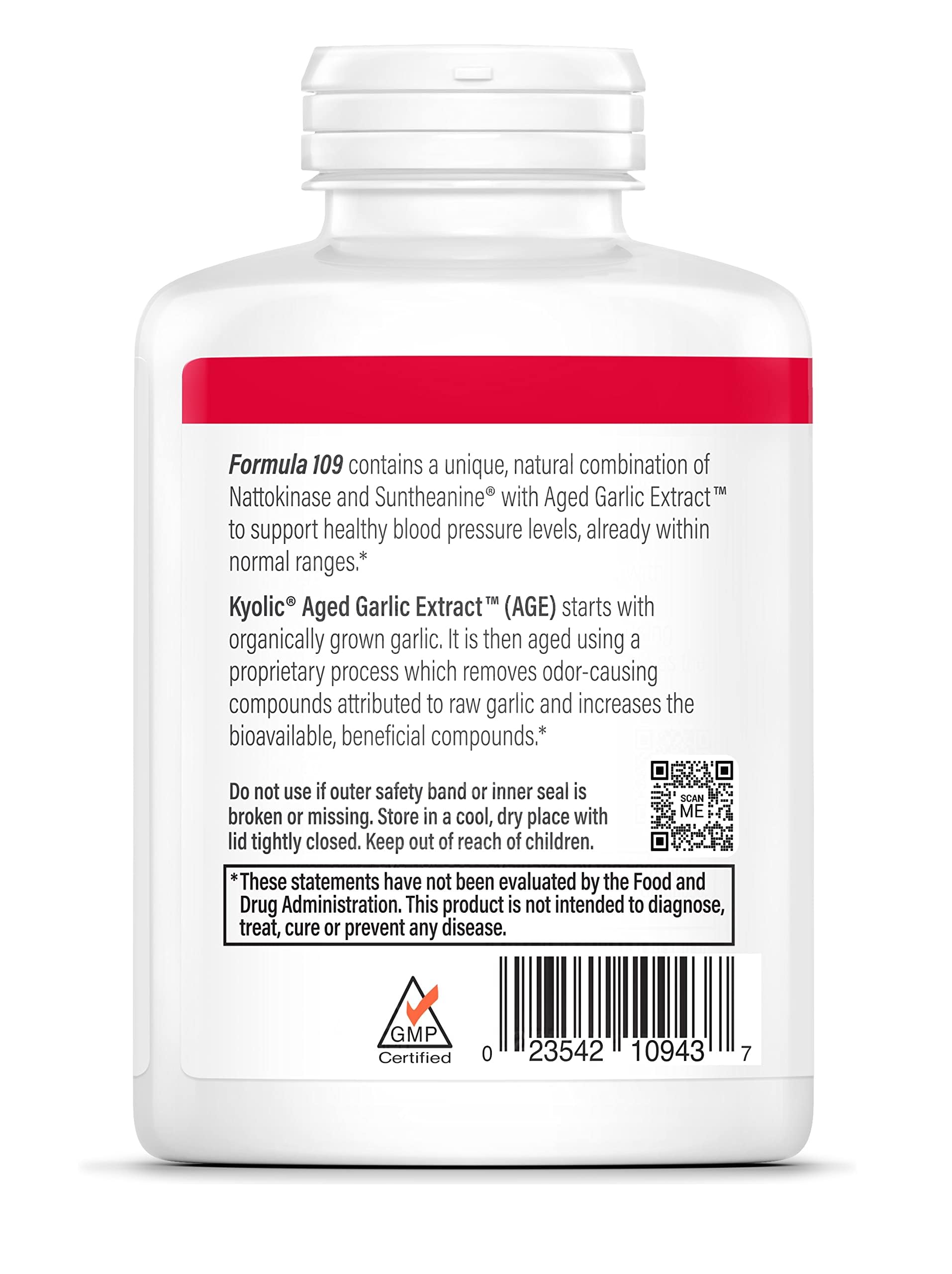 Kyolic Formula 110 Odorless Garlic Label shows organic, aged garlic benefits.