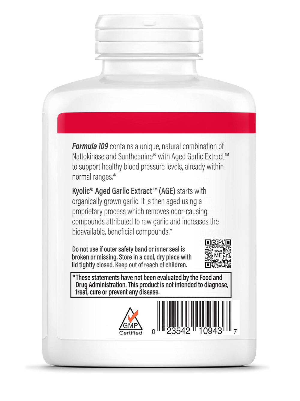 Kyolic Formula 110 Odorless Garlic Label shows organic, aged garlic benefits.
