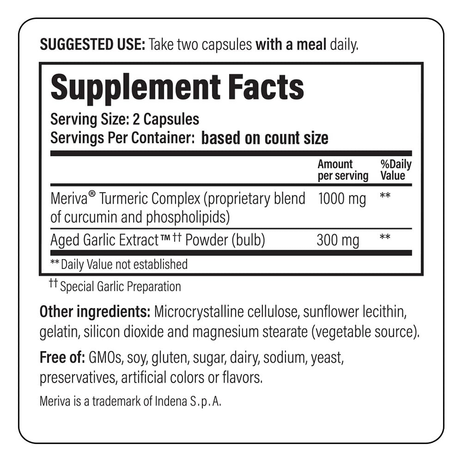 Close-up of Kyolic Formula 111 label and nutrition facts for organic garlic and Meriva curcumin.
