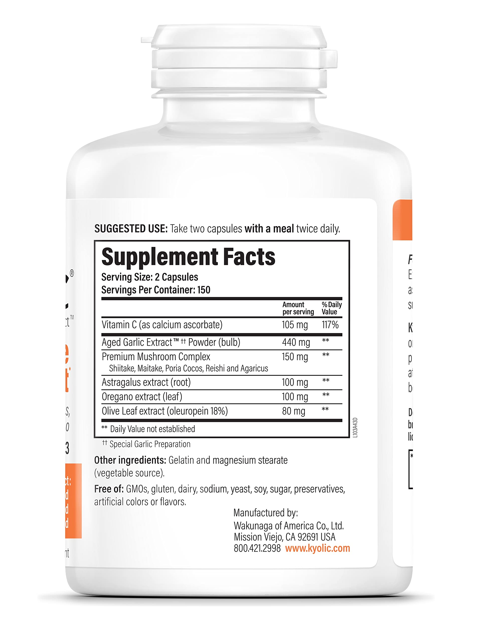 Kyolic Aged Garlic Extract Formula 103 bottle features mushroom complex for overall wellness.