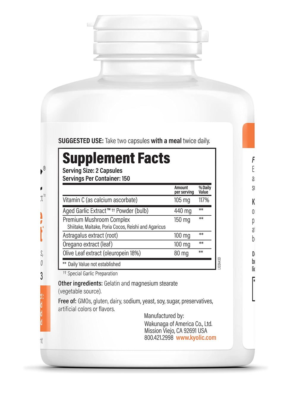 Kyolic Aged Garlic Extract Formula 103 bottle features mushroom complex for overall wellness.
