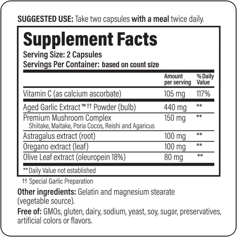 Kyolic bottle with vitamin C, astragalus and mushroom icons indicating immune support.
