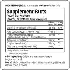 Kyolic bottle with vitamin C, astragalus and mushroom icons indicating immune support.