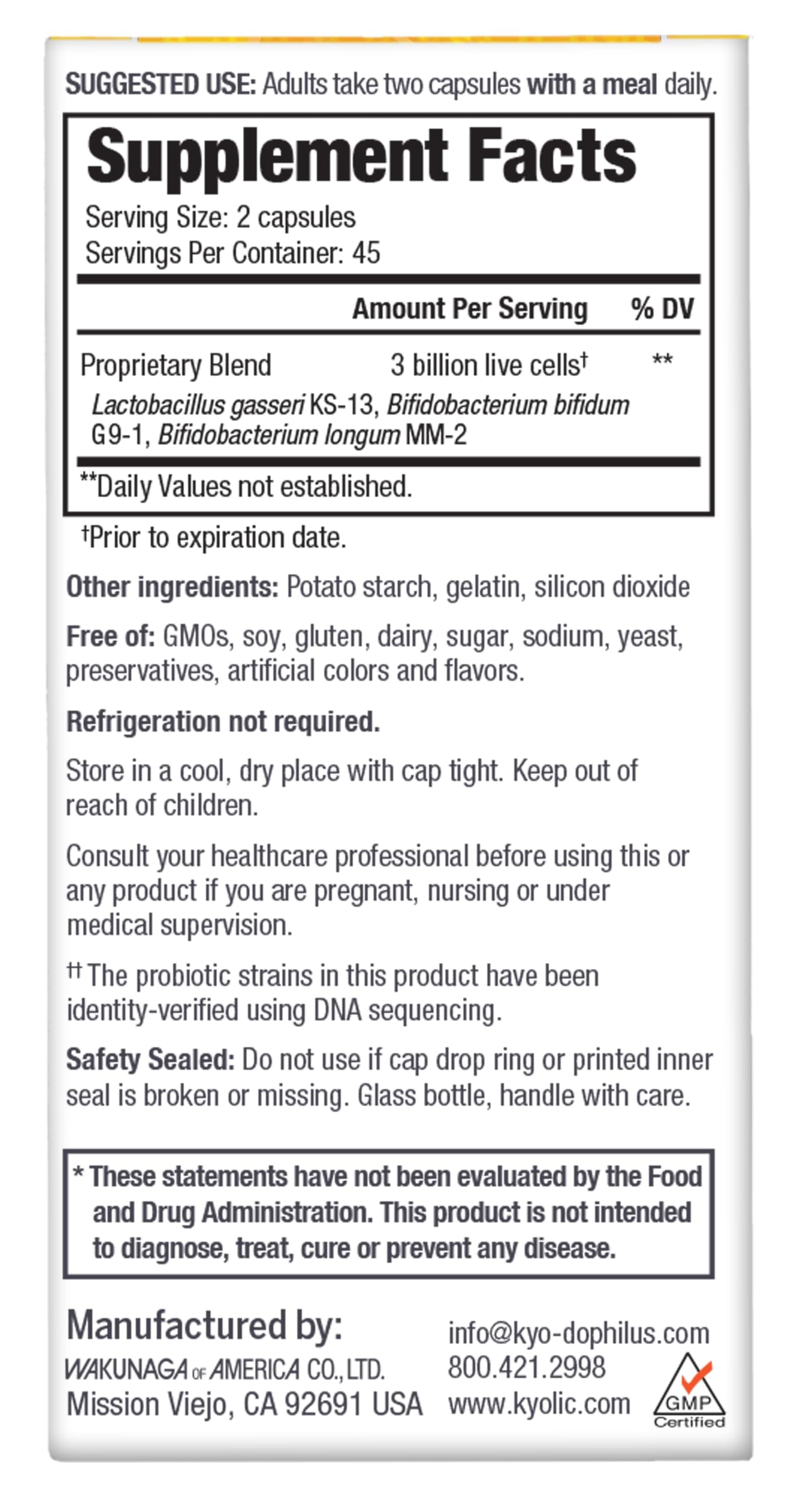 Label highlights probiotic for gut balance and general wellness.