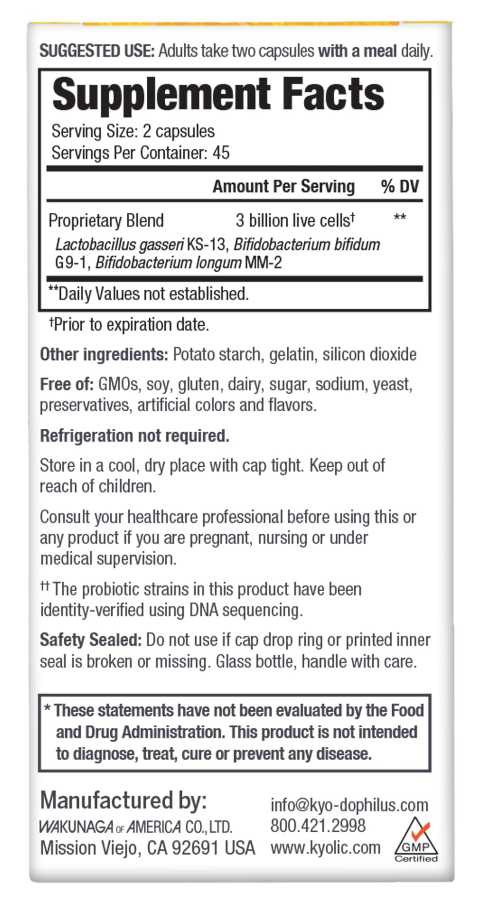 Label highlights probiotic for gut balance and general wellness.