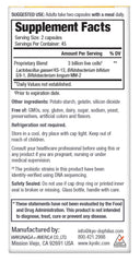 Label highlights probiotic for gut balance and general wellness.