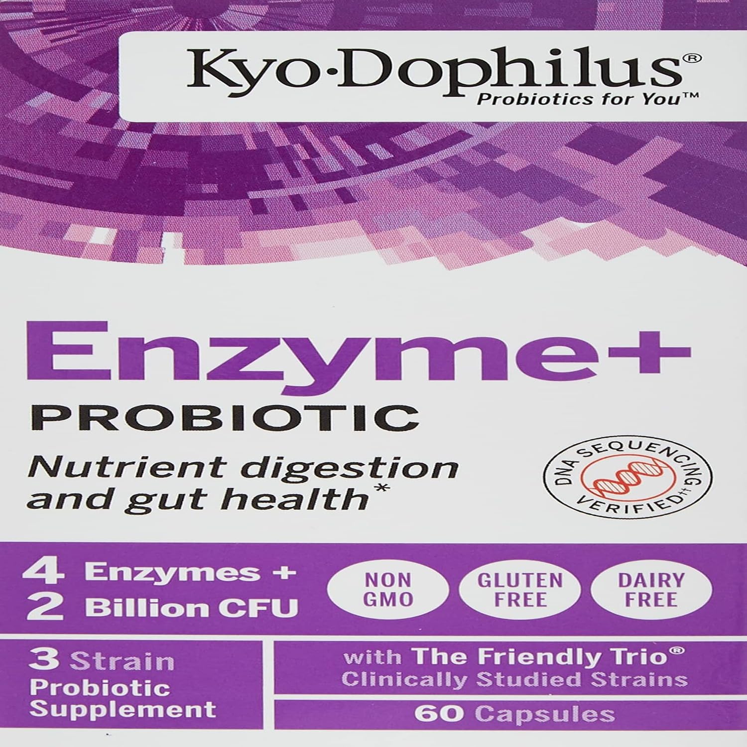 Kyolic Kyo-Dophilus Enzymes bottle front view highlighting probiotic and enzyme blend.