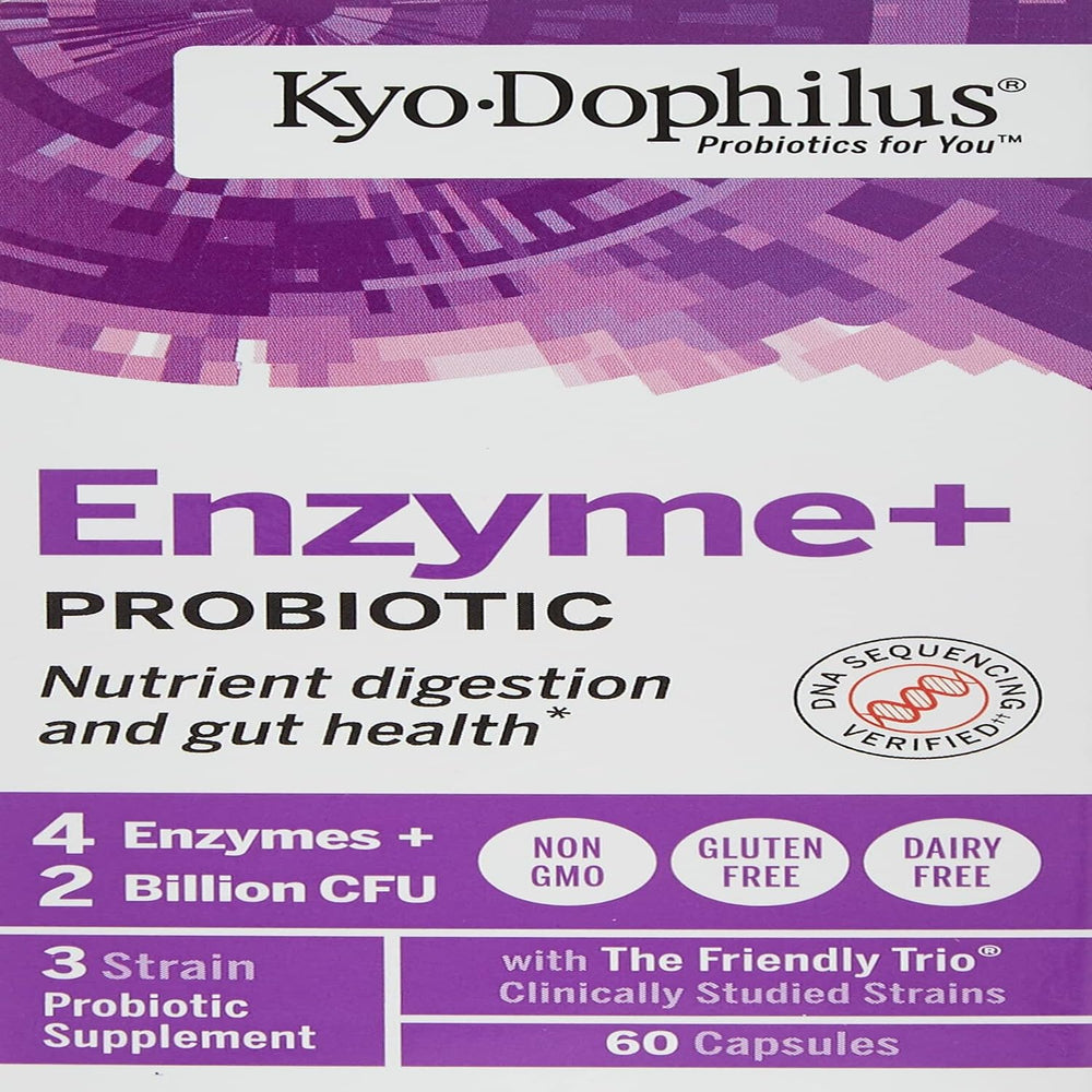 Kyolic Kyo-Dophilus Enzymes bottle front view highlighting probiotic and enzyme blend.