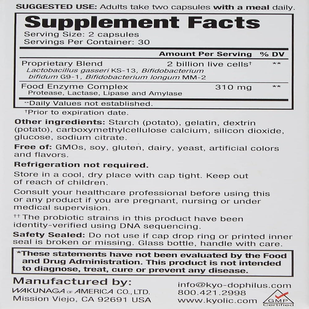 Kyolic Kyo-Dophilus Enzymes capsules close-up showing easy-to-take probiotic formula.
