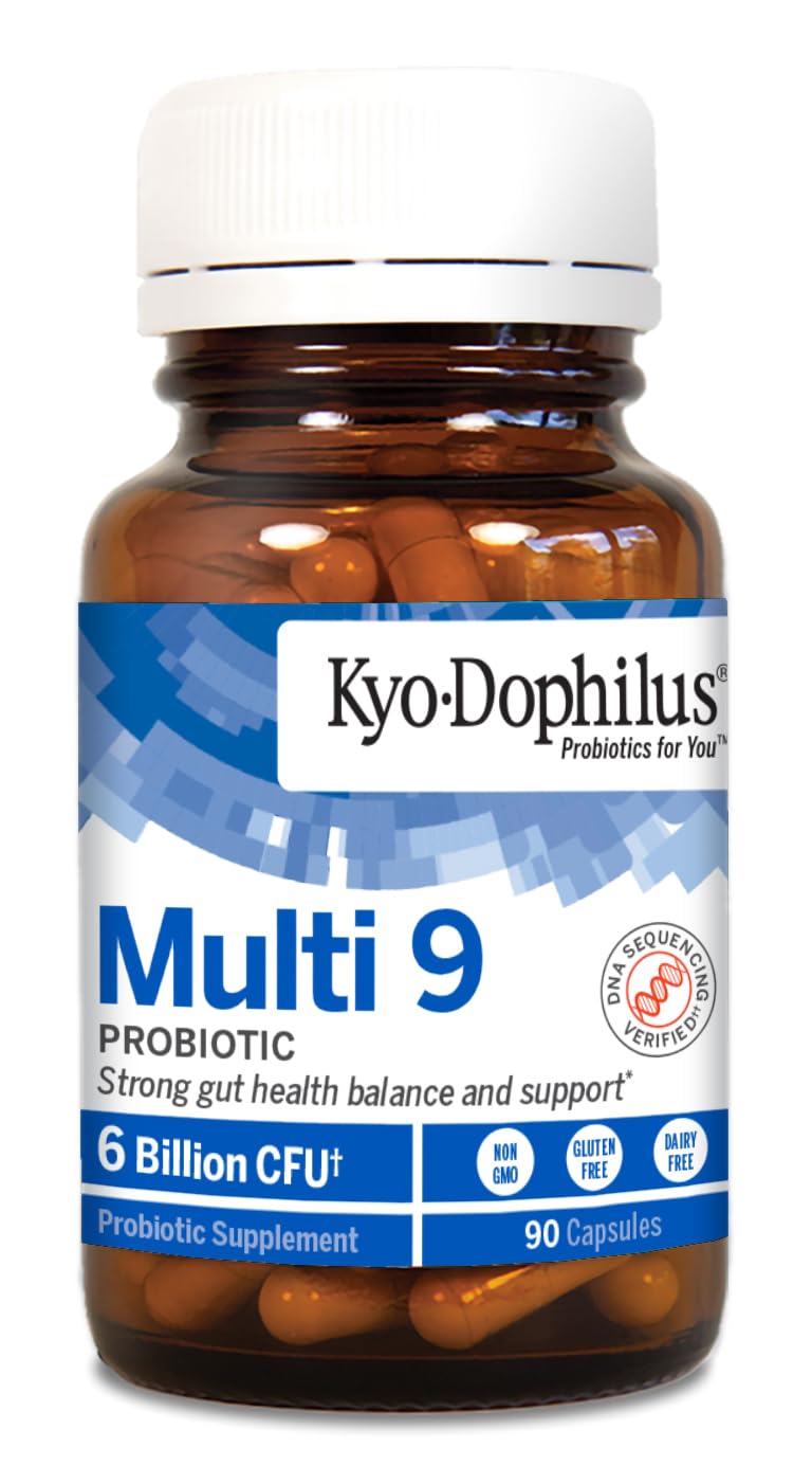 Kyolic Kyo-Dophilus Multi 9 label close-up highlights diverse strains.