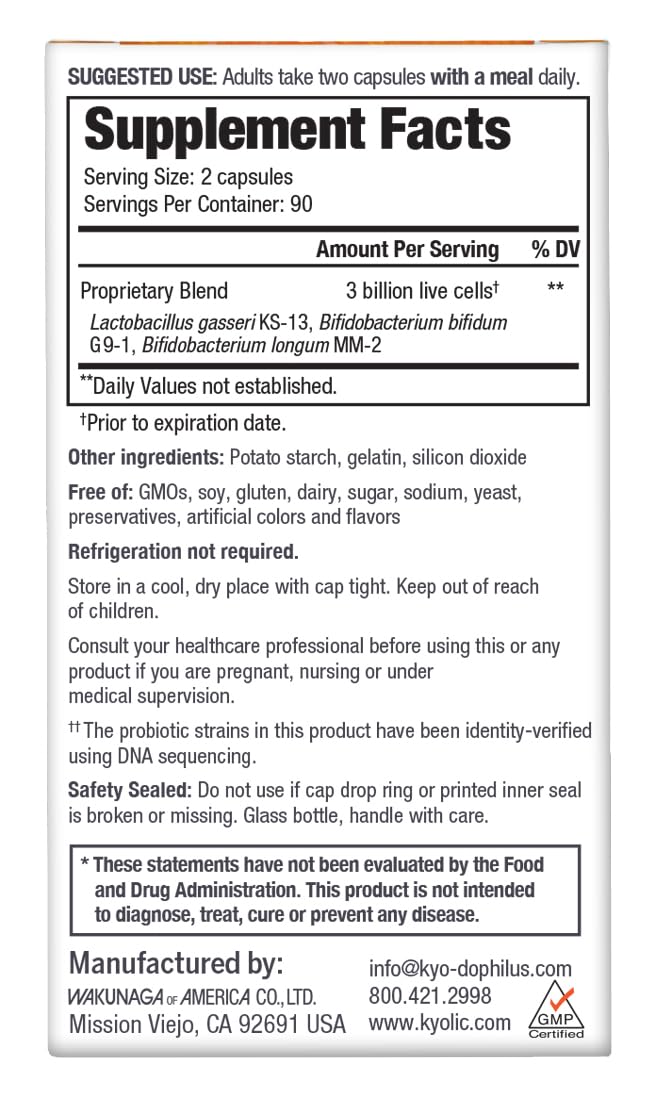 Kyolic packaging box highlighting non-GMO, dairy-free, and gluten-free features.