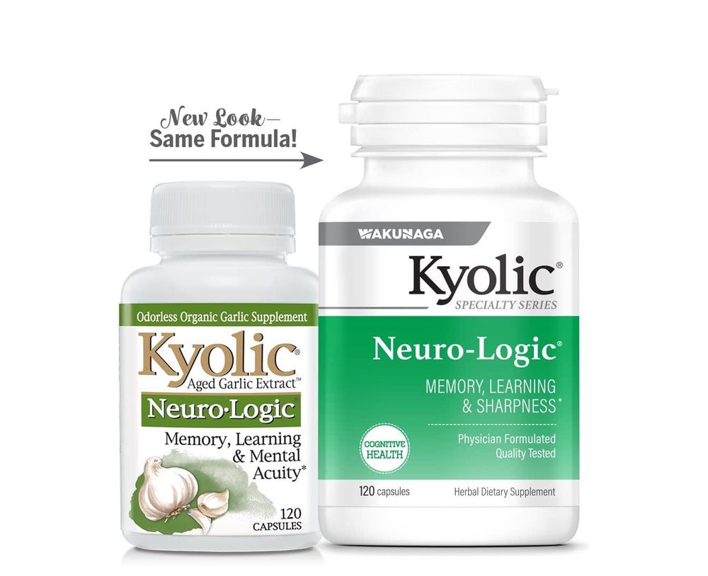 Kyolic Neuro-Logic packaging emphasizes organic, non-GMO garlic sourcing.