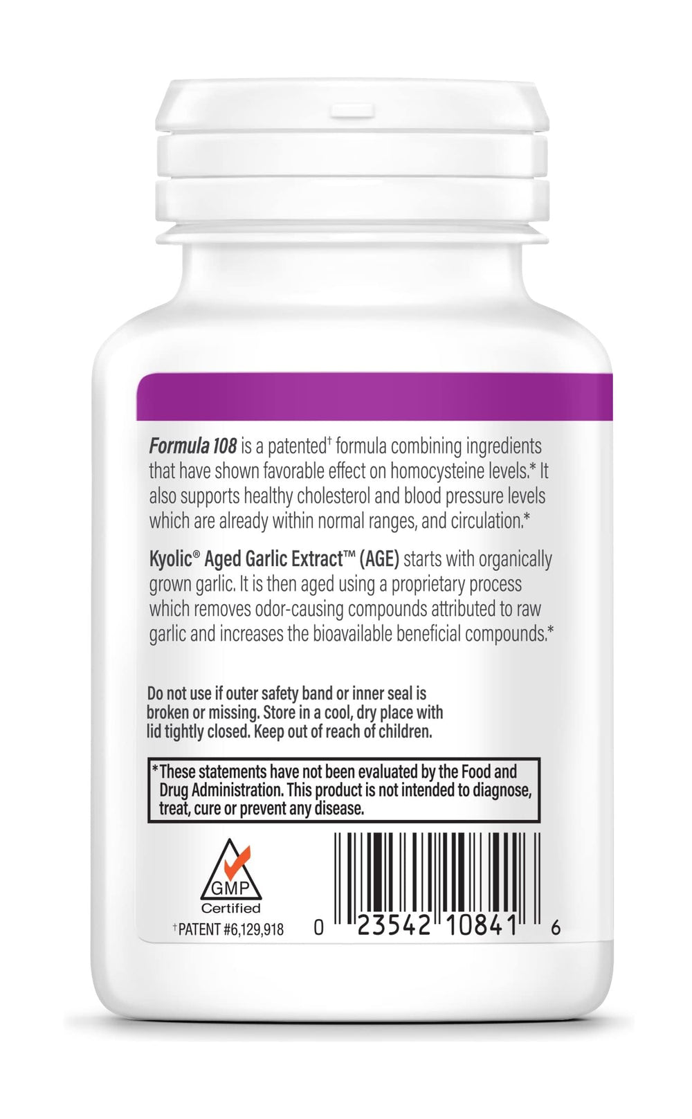 Label close-up of Kyolic aged garlic extract bottle highlighting odor-reduction aging.