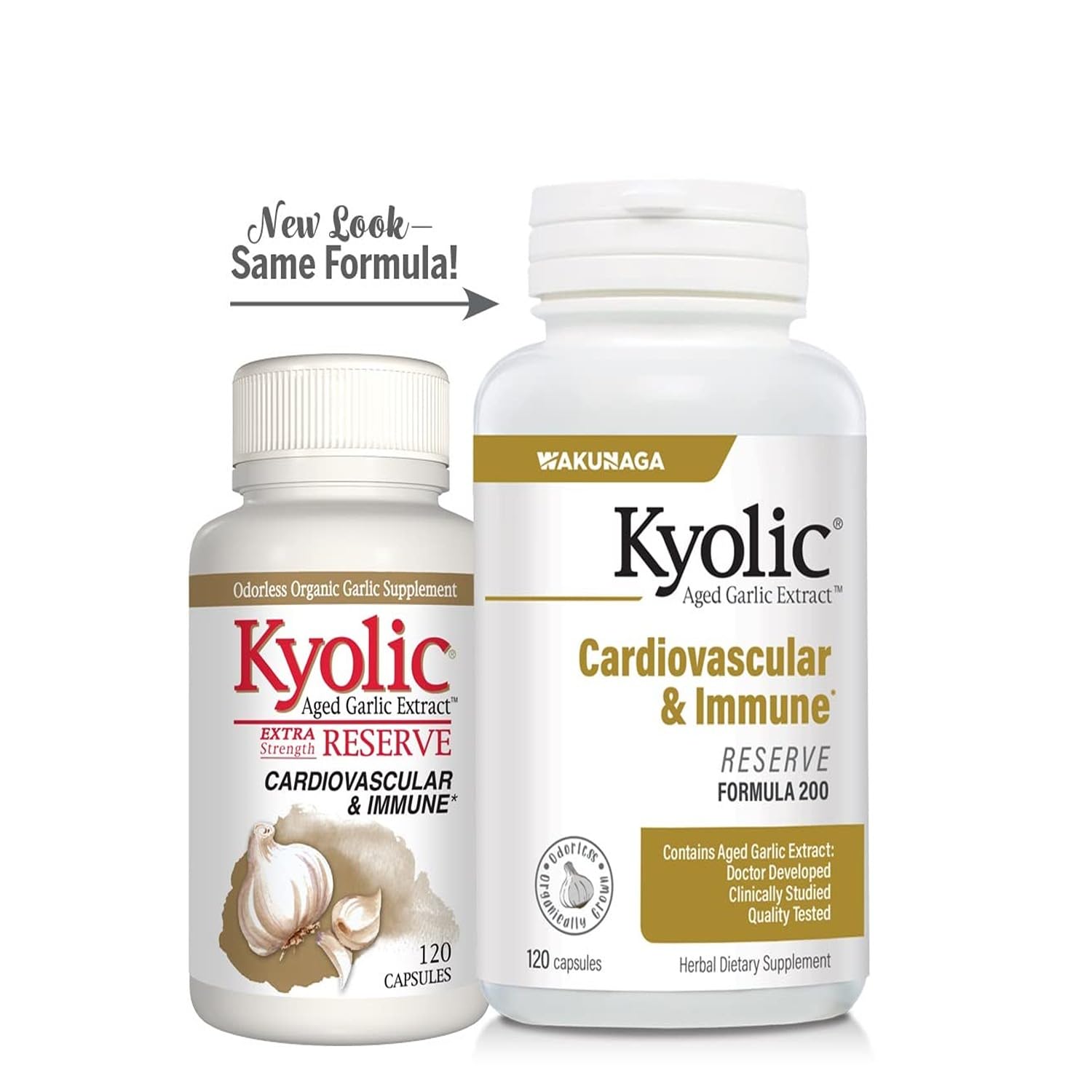Packaging highlights organic garlic sources and non-GMO credentials.