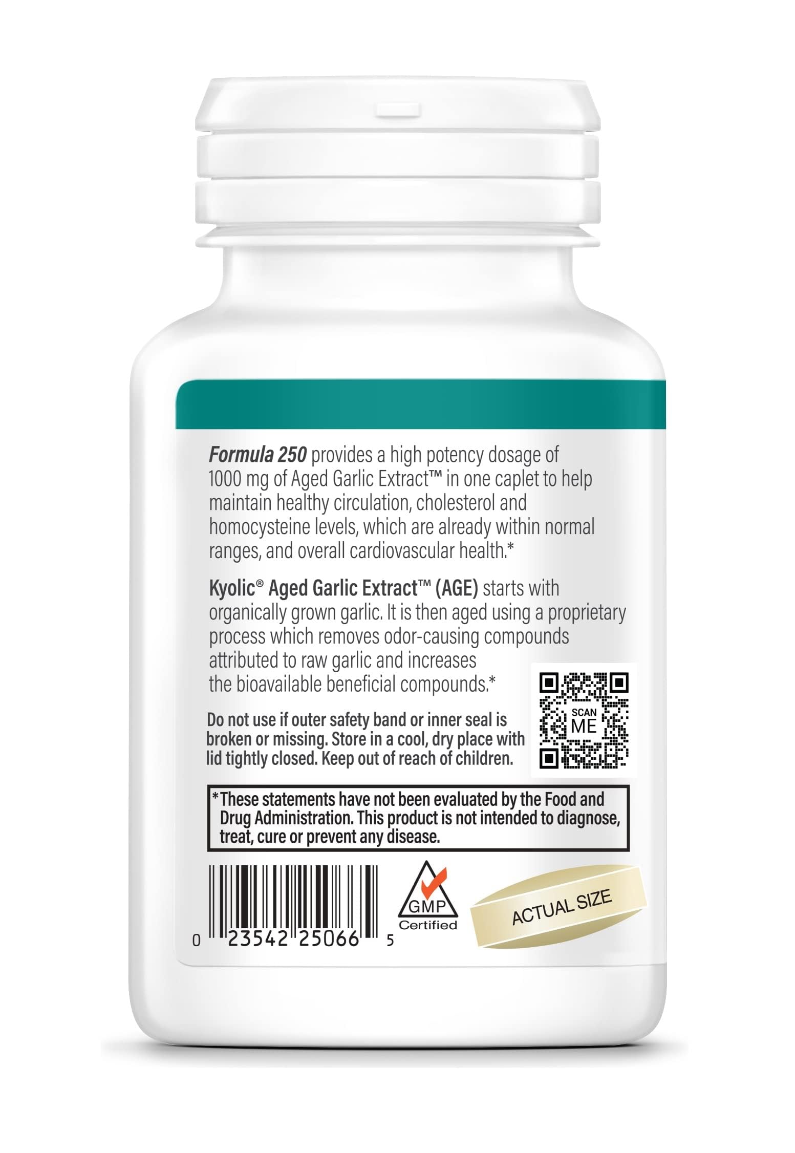 Organic Kyolic garlic source label on packaging, non-GMO and natural.