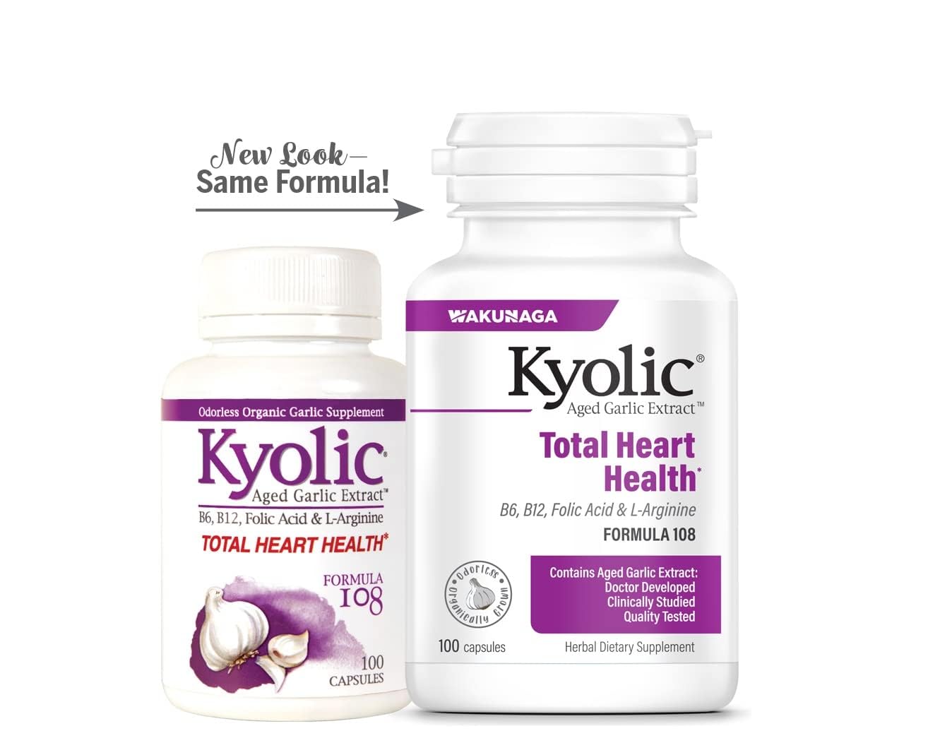 Packaging of Kyolic organic, non-GMO garlic supplement emphasizing clean ingredients for wellness.