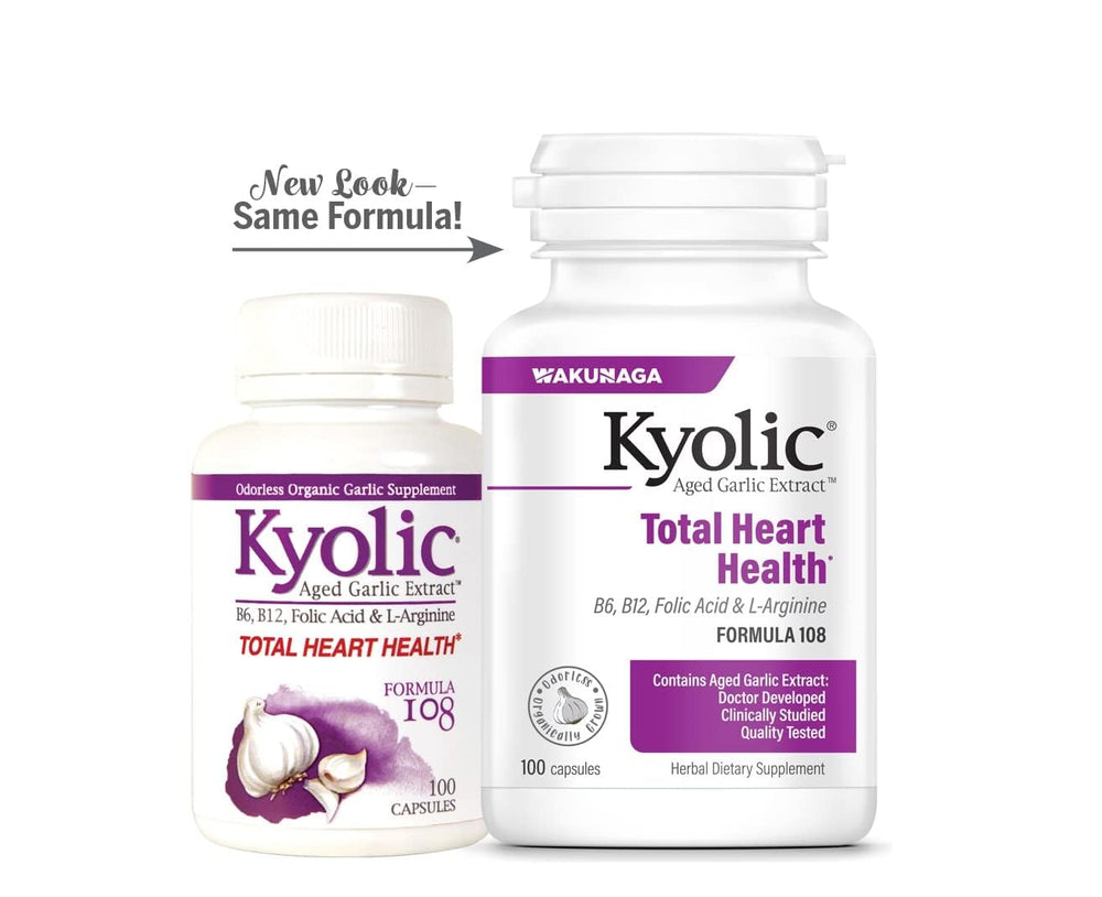 Packaging of Kyolic organic, non-GMO garlic supplement emphasizing clean ingredients for wellness.