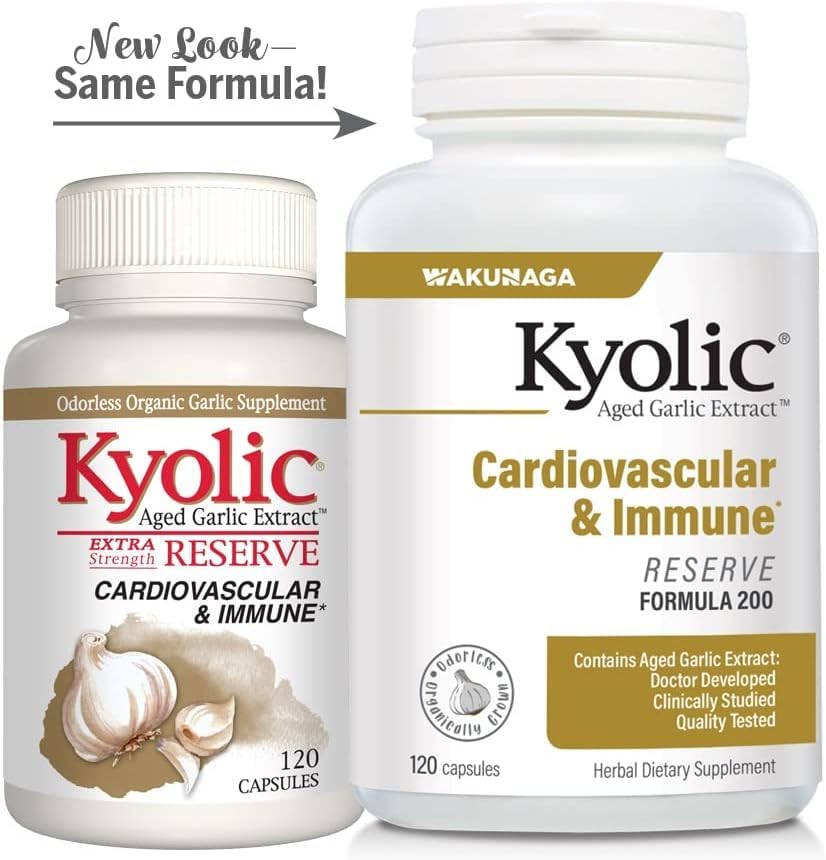 Kyolic Reserve label on bottle showing natural aged garlic extract.