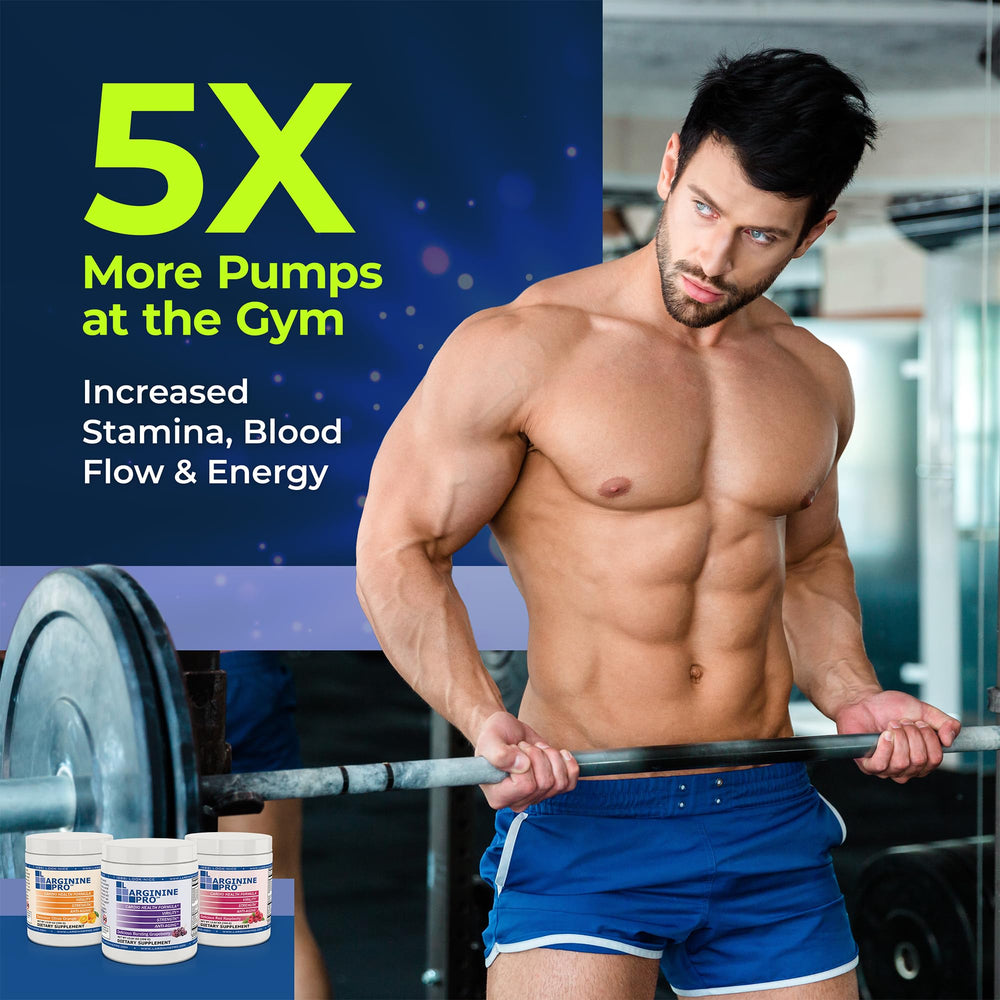 L-Arginine PRO citrus-orange powder poured into water for refreshment