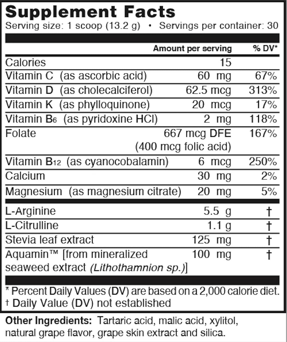 L-Arginine PRO raspberry powder in glass highlighting flavor and energy