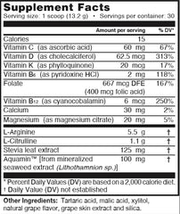 L-Arginine PRO raspberry powder in glass highlighting flavor and energy