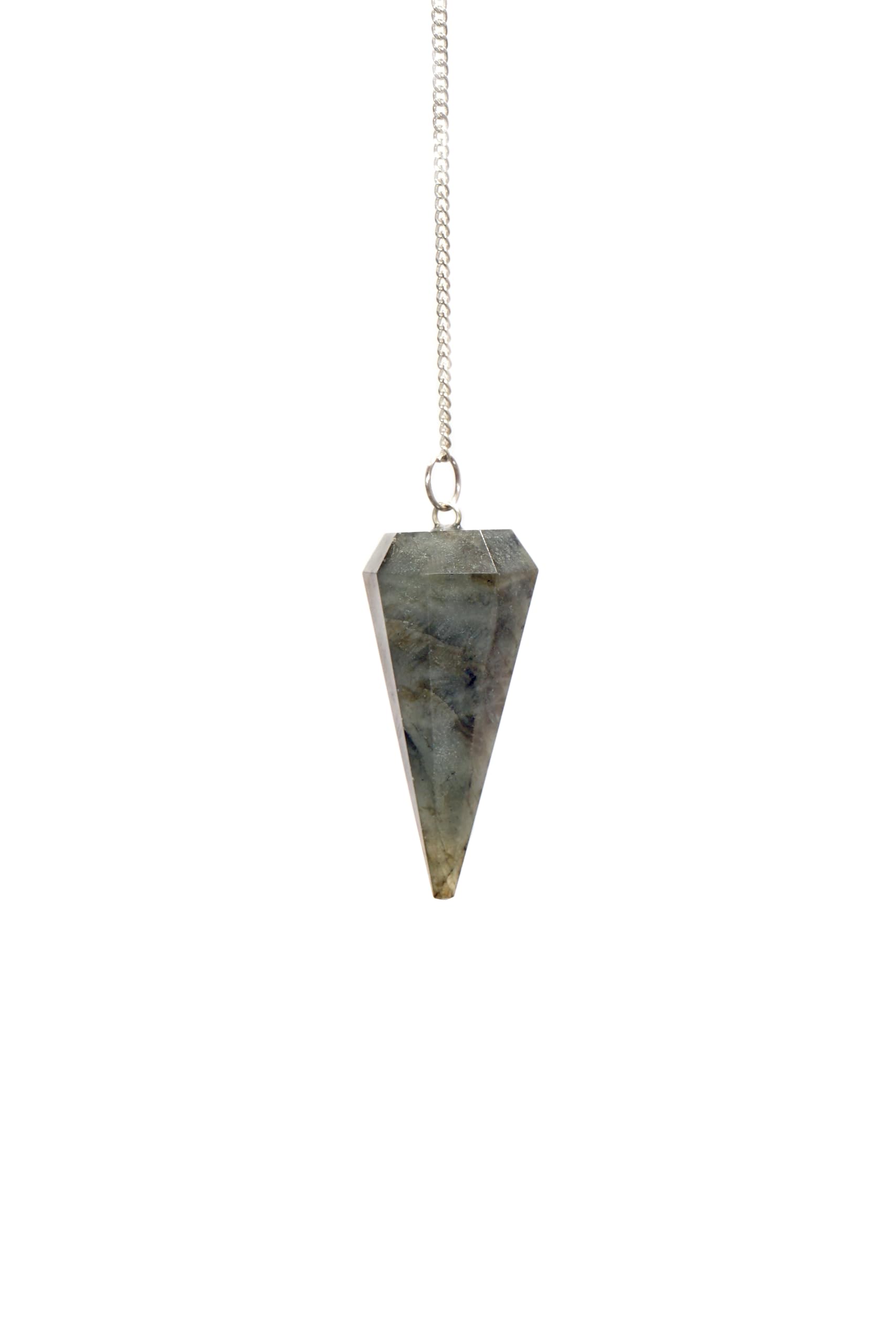 L Pedra & Crystal labrodolite pendulum in hand for divination sessions.