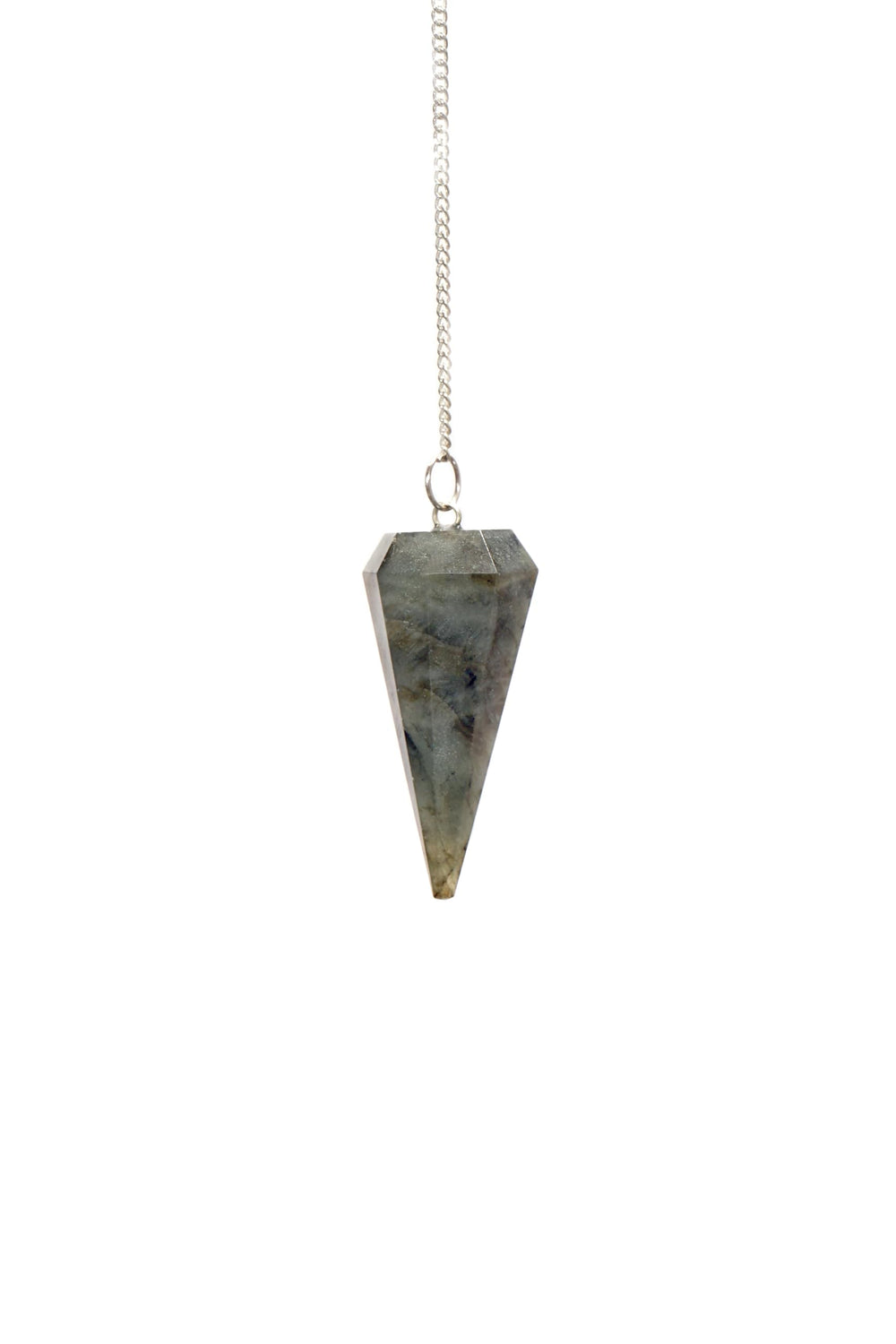 L Pedra & Crystal labrodolite pendulum in hand for divination sessions.