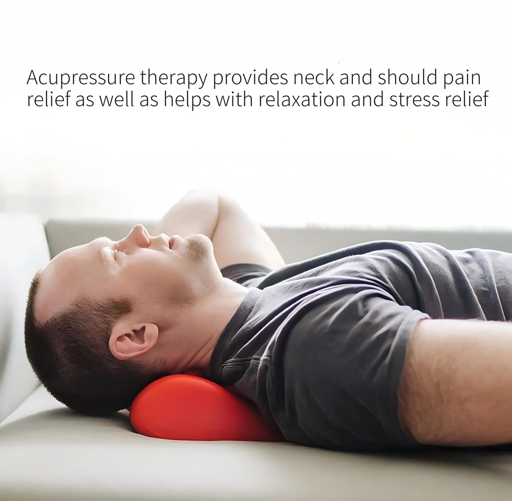 L-WASH acupressure neck pillow in use providing relaxing neck and shoulder comfort