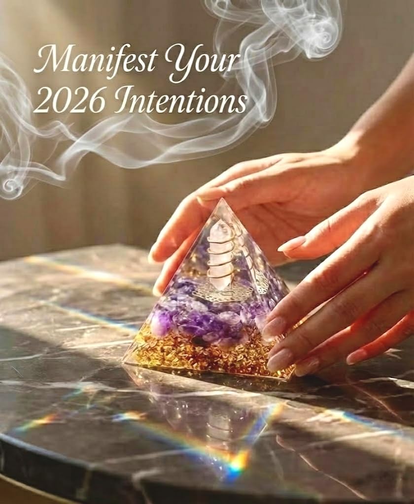 L&amp;A Amethyst Orgonite Pyramid emits EMF protection vibes near devices.