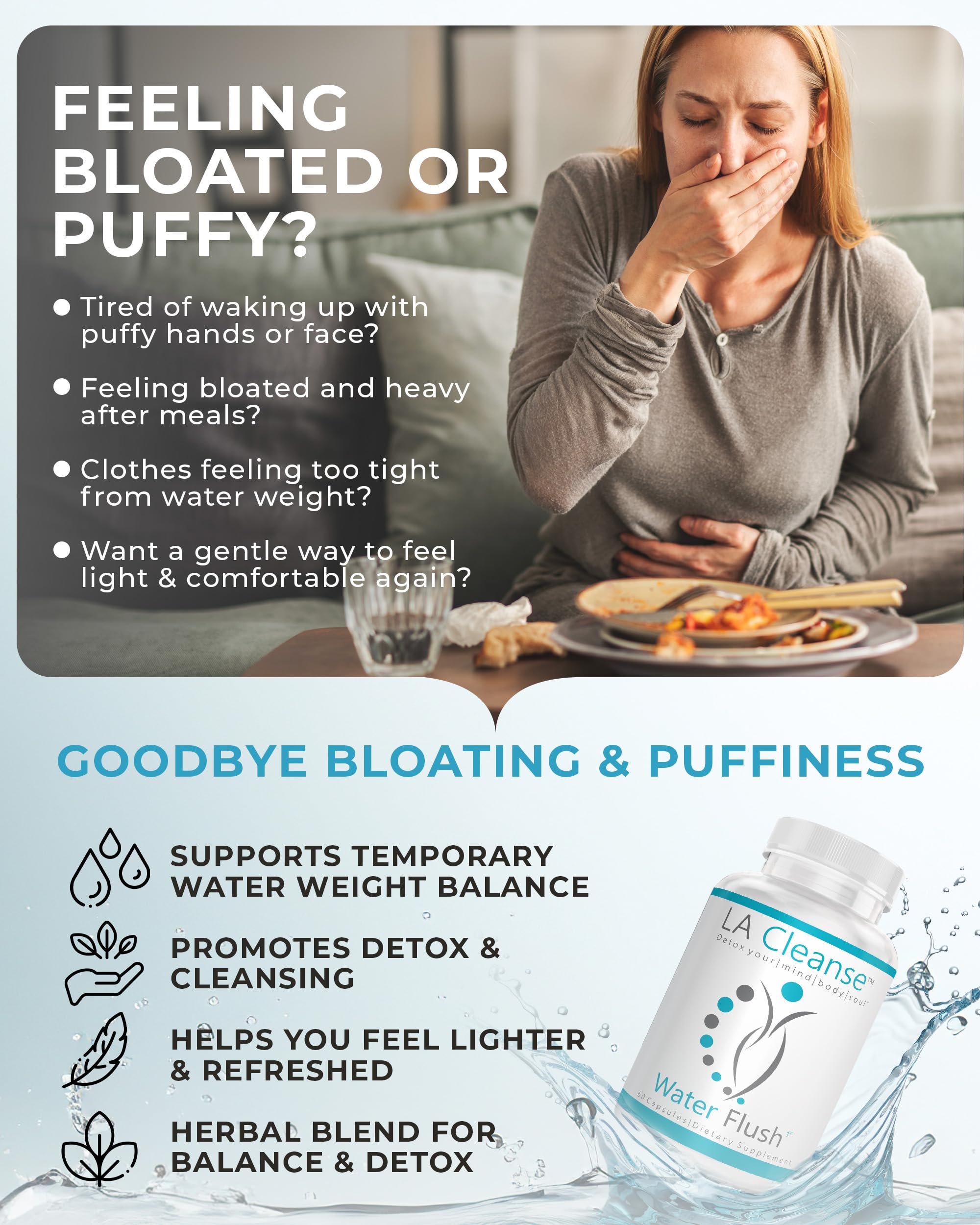 LA Cleanse Water Flush capsules close-up shows easy daily wellness