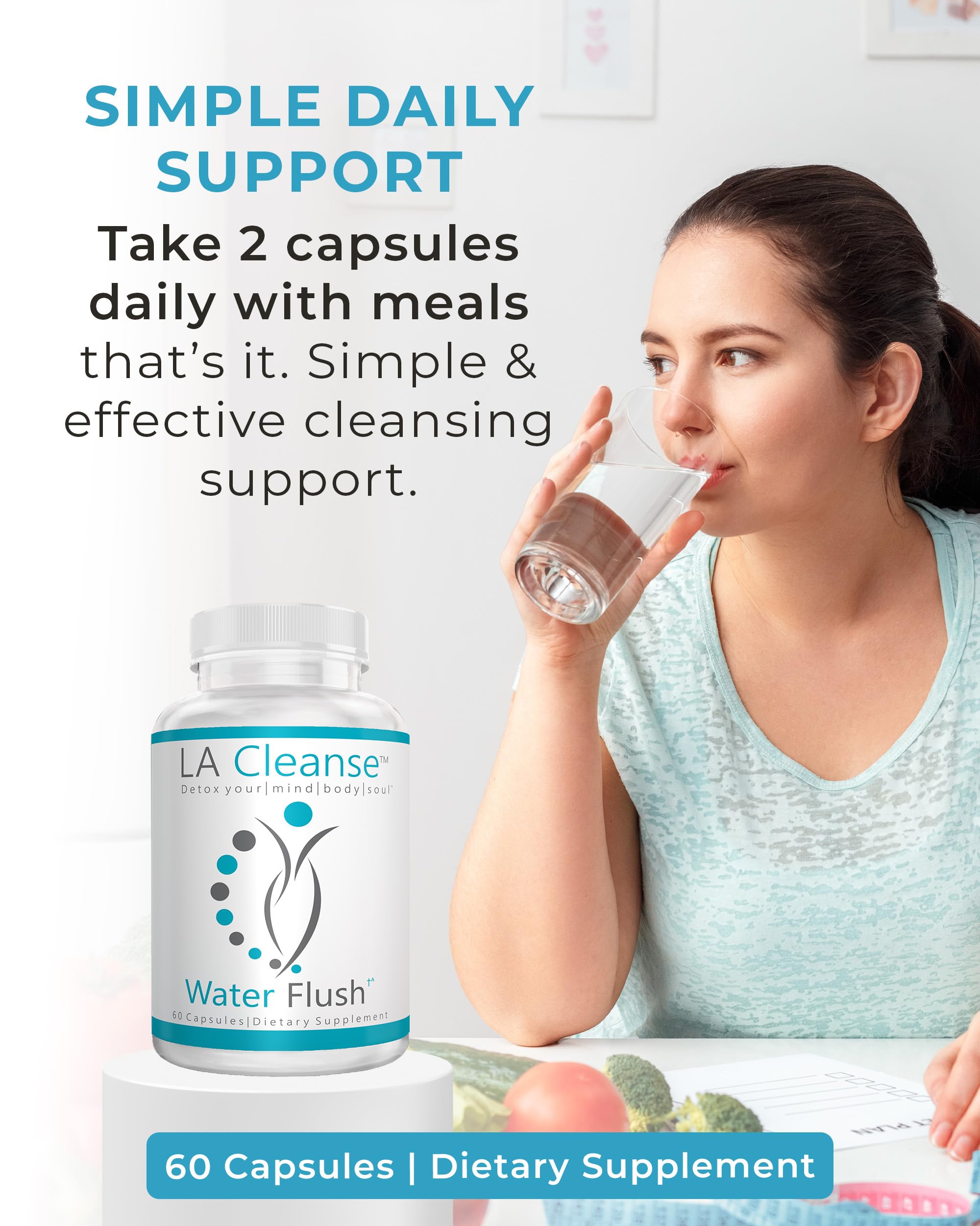 LA Cleanse Water Flush with dandelion root visual emphasizes natural botanicals