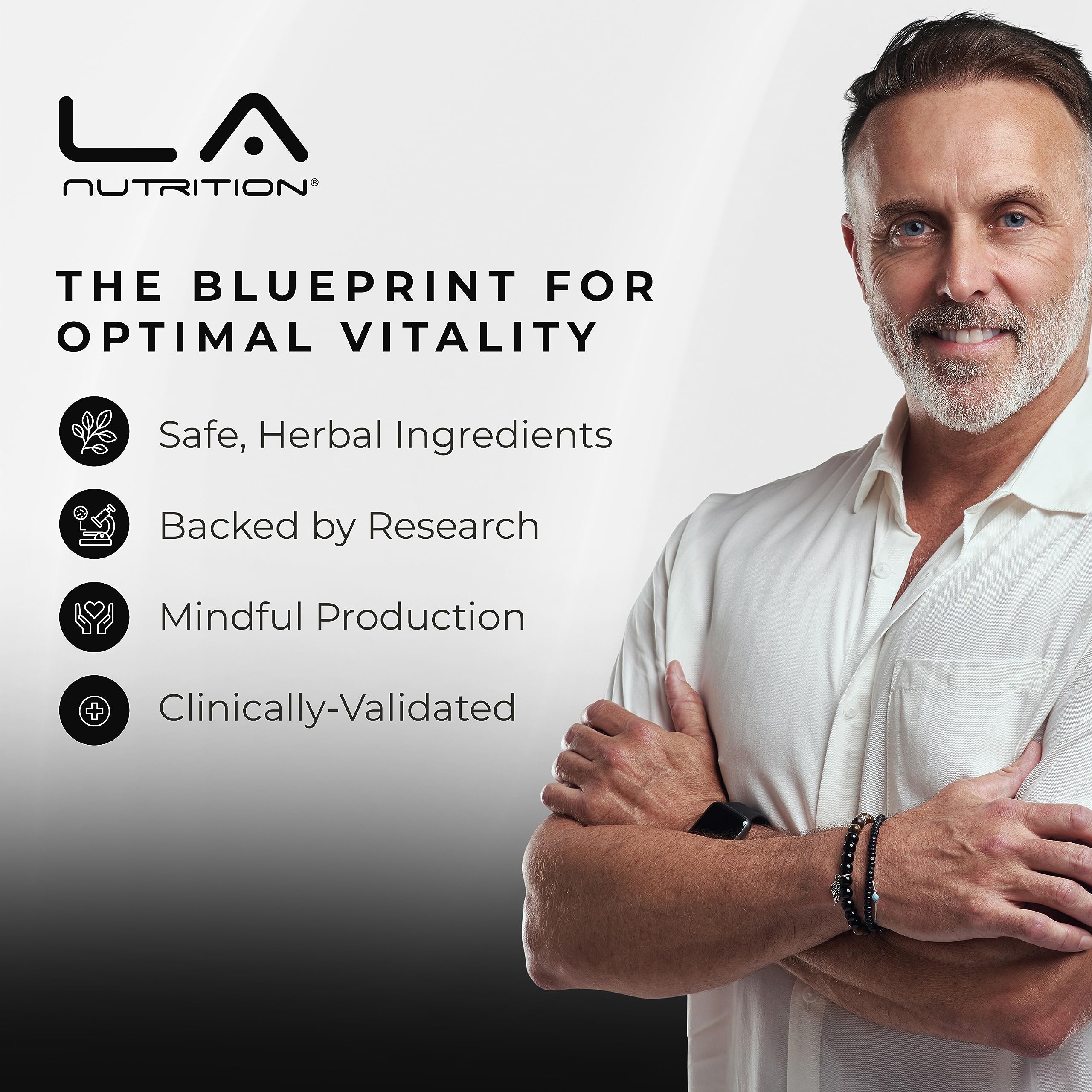 LA Nutrition HGH immune support concept with capsules and natural backdrop.