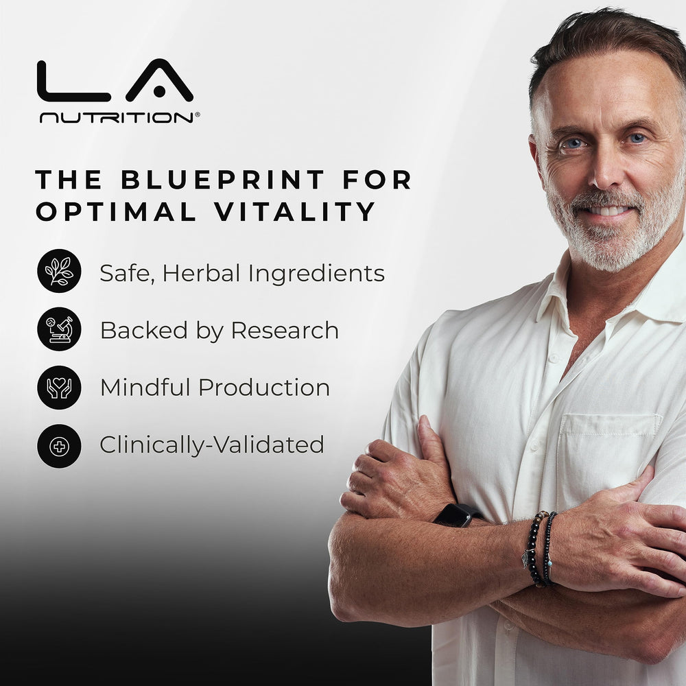 LA Nutrition HGH immune support concept with capsules and natural backdrop.