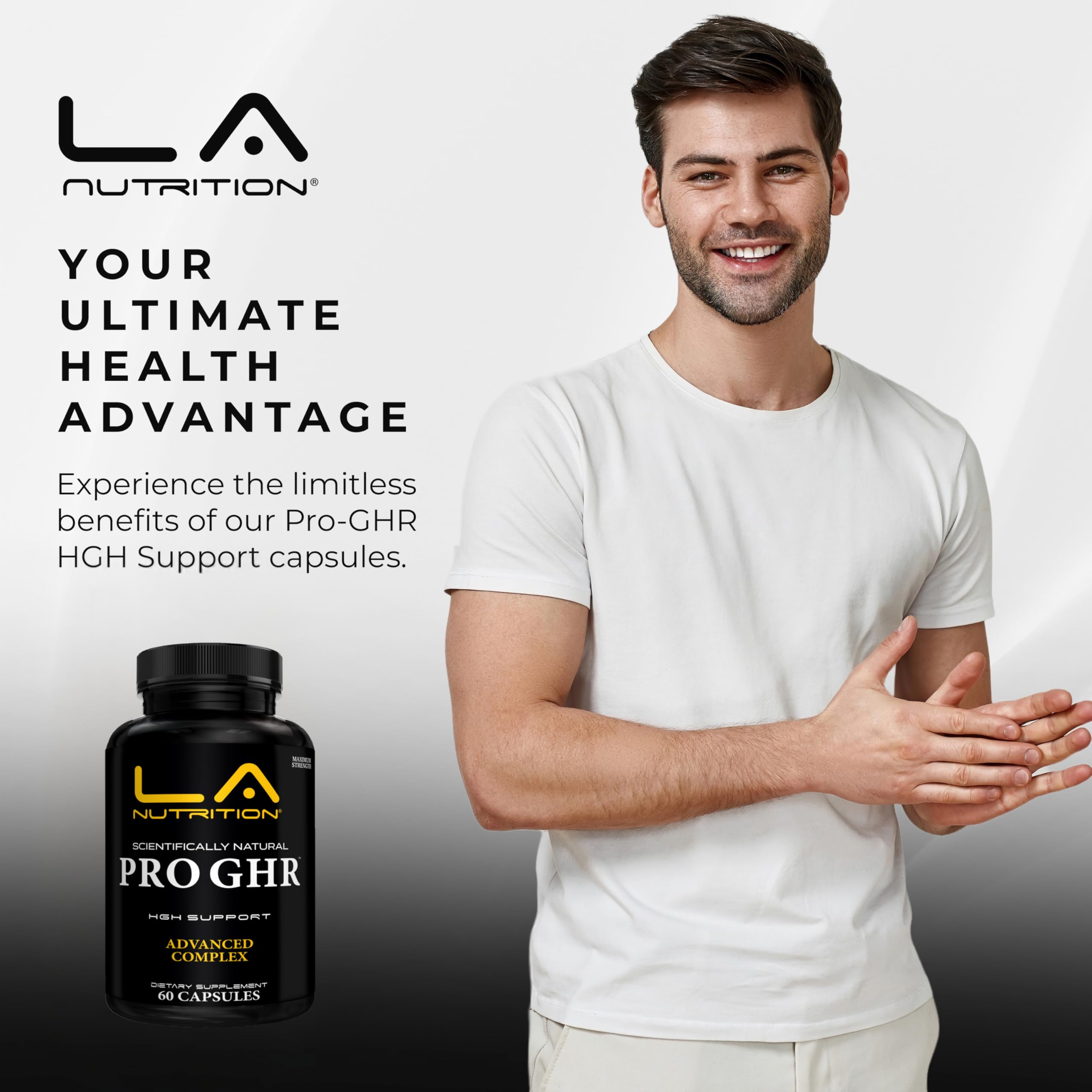 LA Nutrition HGH ingredients list closeup featuring L-ornithine and colostrum for vitality.