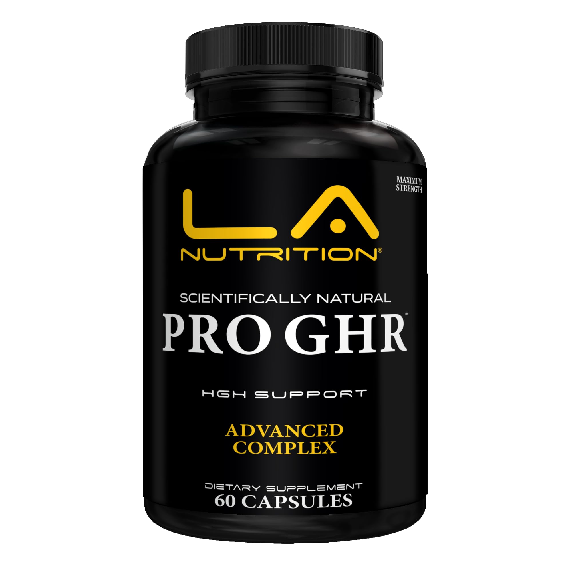 LA Nutrition HGH supplements bottle front showing capsules for daily energy and skin support.