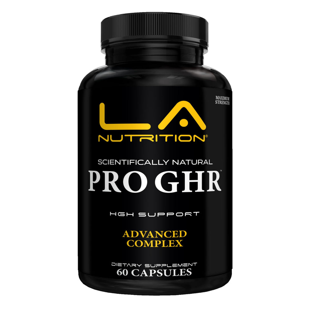 LA Nutrition HGH supplements bottle front showing capsules for daily energy and skin support.