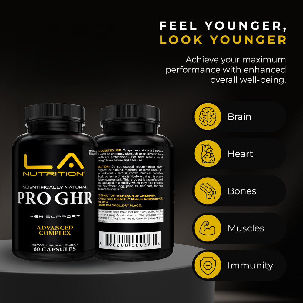 LA Nutrition HGH capsules closeup highlighting amino acids for performance and recovery.