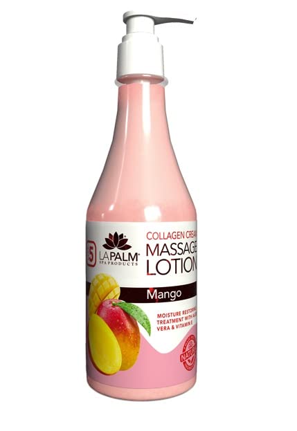 La Palm Island Mango massage lotion in a pump bottle for quick absorption and hydration.